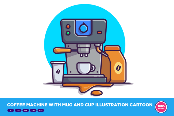 Coffee Machine with Mug and Cup Cartoon